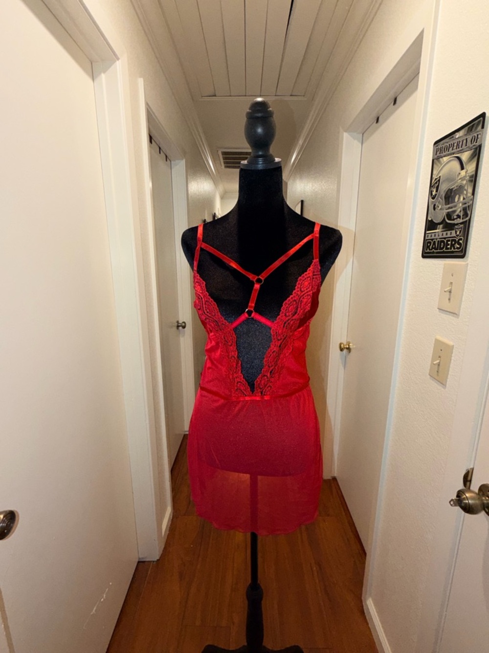Elegant Moments Red Lace & Sheer Chemise with Strappy Accents